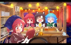 Rule 34 | 4girls, absurdres, ahoge, alcohol, animal ears, beer, beer mug, bird ears, bird wings, blue bow, blue hair, blush, bow, brown hair, cloak, closed eyes, commission, cup, drill hair, drunk, fang, fins, food, food stand, grass root youkai network, green kimono, hair between eyes, hair bow, hand fan, head fins, head scarf, highres, holding, holding cup, holding fan, imaizumi kagerou, japanese clothes, kimono, long hair, mug, multiple girls, mystia lorelei, okamisty, open mouth, paper fan, pink eyes, pink hair, red cloak, red eyes, red hair, sekibanki, short hair, skeb commission, smile, totoharu (kujirai minato), touhou, uchiwa, wakasagihime, white wings, wings, wolf ears, yatai