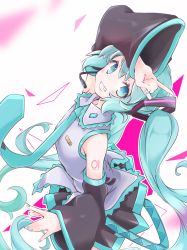 Rule 34 | 1girl, akino coto, aqua hair, aqua necktie, arm up, blouse, blue eyes, blush, detached sleeves, from above, grey shirt, hatsune miku, headset, long hair, looking at viewer, \\n/, necktie, pleated skirt, shirt, skirt, sleeveless, sleeveless shirt, smile, solo, tattoo, twintails, very long hair, vocaloid