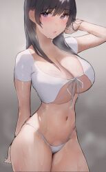 Rule 34 | 1girl, adjusting hair, bikini, black hair, breasts, character request, check character, cleavage, front-tie bikini top, front-tie top, hair between eyes, hand up, highleg, highleg bikini, highres, huge breasts, inushima, long hair, looking at viewer, mole, mole under mouth, navel, original, parted lips, purple eyes, simple background, solo, swimsuit, wet, white bikini