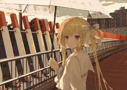Rule 34 | 1girl, absurdres, blonde hair, building, city, collared shirt, fence, from behind, hair ribbon, hair rings, highres, holding, holding umbrella, kiduki, long hair, long sleeves, looking at viewer, looking back, neckerchief, outdoors, red eyes, ribbon, shian (synthesizer v), shirt, solo, synthesizer v, tree, twintails, umbrella, very long hair