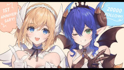 Rule 34 | 2girls, :d, angel wings, anniversary, aqua eyes, arcanadea, armpit crease, bare shoulders, black bow, black bowtie, black gloves, black necktie, blonde hair, blue eyes, blue hair, bow, bowtie, breasts, cleavage, collar, commentary request, crossed bangs, crown hair ornament, demon horns, demon wings, detached collar, dress, feathered wings, frilled collar, frills, gloves, grin, hair between eyes, hairband, hand up, head wings, headband, horns, index finger raised, kotobukiya, looking at viewer, lumitia, medium breasts, milestone celebration, multiple girls, necktie, necomi, official art, one eye closed, open mouth, original, pointy ears, raised eyebrow, short hair, sidelocks, small breasts, smile, speech bubble, swept bangs, upper body, v, v-shaped eyebrows, velretta, wavy hair, white collar, white dress, white gloves, white hairband, white wings, wings