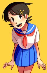 Rule 34 | 1girl, :d, arms at sides, backlighting, black eyes, black hair, blue sailor collar, blue skirt, blush, cowboy shot, fingernails, fuura kafuka, hair between eyes, hair ornament, hairclip, happy, leaning, leaning to the side, legs together, looking to the side, neckerchief, open mouth, orenji iro, pleated skirt, red neckerchief, sailor collar, sayonara zetsubou sensei, school uniform, shaded face, shirt, short hair, simple background, skirt, smile, solo, standing, teeth, tongue, uniform, upper teeth only, white shirt, x hair ornament, yellow background
