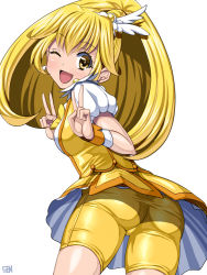 Rule 34 | 10s, 1girl, ass, bike shorts, bike shorts under skirt, blonde hair, blush, breasts, choker, cure peace, double v, earrings, from behind, from below, hair flaps, hair ornament, jewelry, kise yayoi, long hair, looking back, magical girl, open mouth, ponytail, precure, sen (sansui), shiny clothes, shiny skin, shorts, shorts under skirt, simple background, skirt, smile, smile precure!, solo, upskirt, v, white background, wrist cuffs, yellow eyes, yellow shorts, yellow skirt, yellow theme