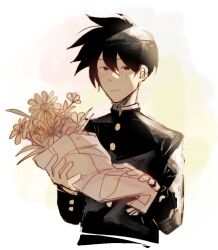 Rule 34 | 1boy, black eyes, black hair, black jacket, blush, bouquet, buttoned cuffs, buttons, closed mouth, commentary, english commentary, flower, gakuran, hair between eyes, holding, holding bouquet, holding flower, jacket, kageyama ritsu, long sleeves, looking at viewer, male focus, mob psycho 100, mp100days, school uniform, short hair, simple background, smile, solo, uniform, upper body, white background