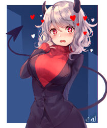 Rule 34 | 1girl, black horns, black jacket, black skirt, black suit, black tail, blush, breasts, commentary request, demon girl, demon horns, demon tail, fang, formal, heart, heart-shaped pupils, helltaker, highres, horns, jacket, large breasts, long sleeves, looking at viewer, modeus (helltaker), open mouth, piyoyanagi, red eyes, red sweater, ribbed sweater, short hair, skirt, solo, suit, sweater, symbol-shaped pupils, tail, turtleneck, white hair