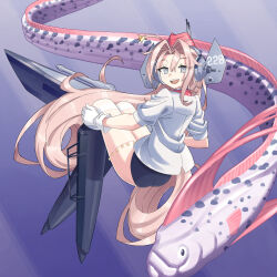 Rule 34 | 1girl, ass, ballet boots, black one-piece swimsuit, coat, commentary request, drum (kancolle), fish, garrison cap, gloves, grey eyes, hair ornament, hair rings, hat, headgear, highres, kantai collection, kazh (kazu), long hair, looking at viewer, oarfish, one-piece swimsuit, pink hair, red hat, smile, solo, star (symbol), star hair ornament, star ornament, swimsuit, swimsuit under clothes, translation request, underwater, very long hair, white coat, white gloves