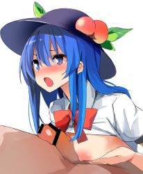 Rule 34 | 1boy, 1girl, :o, black headwear, blue eyes, blue hair, blush, breasts, collared shirt, commentary request, eyelashes, fruit hat ornament, highres, hinanawi tenshi, kamukamu (ars), leaf, looking to the side, naizuri, open mouth, paizuri, peach hat ornament, penis, puffy short sleeves, puffy sleeves, red neckwear, red ribbon, ribbon, shirt, short sleeves, sidelocks, simple background, small breasts, touhou, white background, wing collar