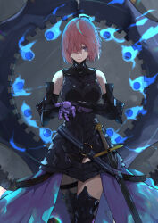 Rule 34 | 1girl, armored boots, armored leotard, bare shoulders, black thighhighs, boots, breasts, fate/grand order, fate (series), gloves, hair over one eye, highres, kdm (ke dama), large breasts, legwear garter, looking at viewer, mash kyrielight, pink hair, purple eyes, purple gloves, shield, short hair, solo, sword, thighhighs, weapon