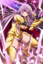 Rule 34 | 1girl, absurdres, armor, armored boots, artist request, boots, breasts, cape, circlet, claudette (queen&#039;s blade), claudette (queen&#039;s blade unlimited), company connection, gold armor, highres, holding, holding sword, holding weapon, large breasts, lips, long hair, looking at viewer, navel, official art, pauldrons, purple eyes, purple hair, queen&#039;s blade, queen&#039;s blade unlimited, queen&#039;s blade white triangle, shoulder armor, sidelocks, solo, sword, thighs, underwear, vambraces, weapon