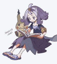 Rule 34 | 1girl, acerola (pokemon), ahoge, armlet, book, closed mouth, commentary request, creatures (company), dress, full body, game freak, gen 7 pokemon, holding, holding book, mimikyu, nintendo, open book, ototoi (eevees813), pokemon, pokemon (creature), pokemon sm, purple dress, purple eyes, purple hair, sandals, short sleeves, smile, white background