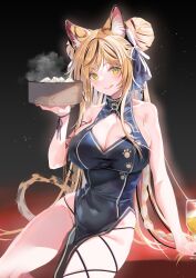 Rule 34 | 1girl, absurdres, animal ear fluff, animal ears, bamboo steamer, baozi, bare shoulders, blonde hair, breasts, china dress, chinese clothes, cleavage, closed mouth, covered navel, cup, double bun, dress, feet out of frame, food, green eyes, groin, hair bun, hand up, highres, indie virtual youtuber, kintsuba detama, large breasts, licking lips, long hair, looking at viewer, multicolored hair, pelvic curtain, shimofuri, side slit, sitting, sleeveless, sleeveless dress, solo, steam, streaked hair, tail, tongue, tongue out, virtual youtuber
