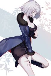 Rule 34 | 1girl, ahoge, black dress, black legwear, blue coat, boots, breasts, coat, collarbone, dress, fate/grand order, fate (series), fur-trimmed coat, fur trim, hair between eyes, jeanne d&#039;arc (fate), jeanne d&#039;arc alter (fate), jeanne d&#039;arc alter (ver. shinjuku 1999) (fate), looking to the side, medium breasts, nakaba (mode), official alternate costume, open mouth, short dress, short hair, silver hair, simple background, smile, solo, standing, thighs, undressing, white background, wicked dragon witch ver. shinjuku 1999, yellow eyes, zipper