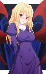 Rule 34 | 1girl, 47agdragon, arms behind back, blonde hair, blush, breasts, demon girl, large breasts, long hair, nun, original, red eyes, smile, solo, traditional nun, wings