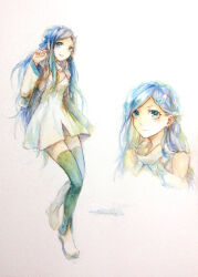 Rule 34 | 1girl, artist name, bare shoulders, black thighhighs, blue eyes, blue hair, closed mouth, clothing cutout, colaji, cropped torso, diya (xing you ji), dress, eyelashes, full body, hair ornament, hairclip, hand in own hair, highres, light smile, long hair, long sleeves, looking at viewer, multiple views, open mouth, painting (medium), shoes, short dress, shoulder cutout, smile, straight hair, thighhighs, traditional media, turtleneck, turtleneck dress, very long hair, watercolor (medium), white dress, white footwear, white sleeves, xing you ji