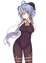 Rule 34 | 1girl, ahoge, arms behind back, bad id, bad pixiv id, bare arms, bell, black legwear, black leotard, blue hair, blush, bodystocking, bodysuit, bow, breasts, covered navel, crotch, ganyu (genshin impact), genshin impact, groin, highres, horns, leotard, leotard under clothes, long hair, looking at viewer, low ponytail, medium breasts, multicolored eyes, neck bell, sidelocks, sleeveless, smile, solo, standing, thigh gap, thighlet, thighs, white background, yukiko (leovioykk)