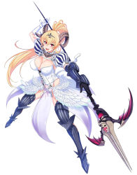 Rule 34 | &gt;:d, 1girl, :d, angel wings, arm up, armor, armored boots, asymmetrical gloves, black gloves, blonde hair, boots, breasts, bustier, circlet, cleavage, demon girl, demon horns, detached sleeves, dress, feathered wings, full body, gloves, greaves, high ponytail, highres, holding, holding weapon, horns, large breasts, legs apart, long hair, looking at viewer, low wings, lucifer (sin nanatsu no taizai), lucifer (the seven deadly sins), mismatched gloves, monster girl, official art, open mouth, outstretched arm, pelvic curtain, pointy ears, polearm, puff and slash sleeves, puffy short sleeves, puffy sleeves, red eyes, sheep horns, short sleeves, simple background, sin nanatsu no taizai, smile, solo, spear, the seven deadly sins, thigh boots, thighhighs, ulrich (tagaragakuin), v-shaped eyebrows, vambraces, very long hair, weapon, white background, white dress, white gloves, wings