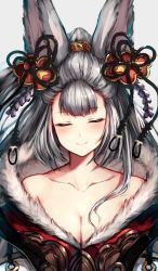 Rule 34 | 10s, 1girl, animal ears, bare shoulders, blush, breasts, cleavage, closed eyes, closed mouth, collarbone, erune, facing viewer, fur trim, granblue fantasy, grey background, hair ornament, highres, large breasts, long hair, ponytail, silver hair, simple background, smile, societte (granblue fantasy), solo, watao