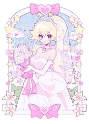 1girl bare_shoulders blonde_hair blue_eyes breasts bridal_veil dress earrings elbow_gloves flower gloves highres jewelry long_hair looking_at_viewer mario_(series) meowwniz nintendo official_alternate_costume princess_peach princess_peach_(wedding) smile solo sphere_earrings strapless strapless_dress super_mario_odyssey tiara veil wedding_dress white_dress white_gloves