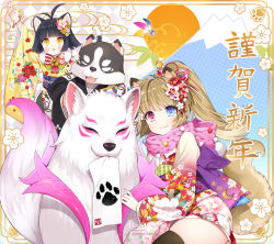 Rule 34 | 1boy, 2018, 2girls, :3, :p, absurdres, ahoge, animal ears, arm up, bell, black hair, black kimono, black legwear, brown hair, byulzzi, cat ears, cat tail, chinese zodiac, dog, dog ears, dog tail, elin, floral print, flower, hair flower, hair ornament, happy new year, heterochromia, highres, japanese clothes, jingle bell, kimono, mouth hold, multiple girls, new year, obi, official art, official wallpaper, open mouth, pink kimono, ponytail, popori, sash, scarf, short hair, tail, tera online, thighhighs, tongue, tongue out, year of the dog, yellow eyes, yellow kimono, zettai ryouiki