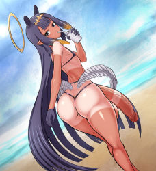 Rule 34 | 1girl, animal ears, ass, bare shoulders, beach, bikini, blonde hair, blue sky, blush, cowboy shot, cup, day, drinking straw, drinking straw in mouth, feathered wings, flat chest, from behind, futanari, gloves, halo, highres, hololive, hololive english, holomyth, huge ass, huge penis, jadf, large testicles, long hair, looking back, low wings, micro bikini, multicolored hair, ninomae ina&#039;nis, ocean, outdoors, penis, pointy ears, purple bikini, purple eyes, purple gloves, purple hair, shiny skin, sky, solo, standing, straw, swimsuit, tan, tanline, tentacle hair, testicles, tiara, two-tone hair, uncensored, veins, veiny penis, very long hair, virtual youtuber, wings