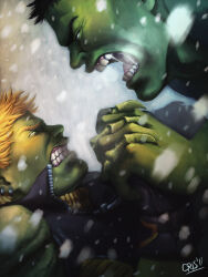 Rule 34 | 2boys, alien, blonde hair, clenched teeth, colored skin, cris art, duel, from side, frown, green skin, hulk, hulkling, male focus, marvel, multiple boys, muscular, muscular male, short hair, snowing, teeth, thick eyebrows