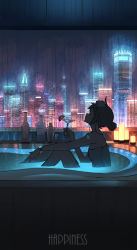 Rule 34 | 1girl, absurdres, ahoge, bare shoulders, bathing, bathtub, bottle, building, candle, city, city lights, closed mouth, commentary request, cup, drinking glass, earplugs, english text, closed eyes, from side, glowing, hair bun, highres, holding, holding cup, indoors, knees up, night, original, partially submerged, pasoputi, profile, rain, single hair bun, sitting, skyscraper, solo, towel, towel on head, water, window, wristband
