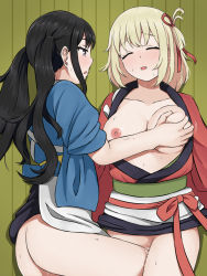 Rule 34 | 2girls, ass, black hair, blonde hair, blush, grabbing another&#039;s breast, breasts, breasts out, closed eyes, clothed sex, clothes, female focus, frottage, grabbing, highres, inoue takina, long hair, lycoris recoil, lying, medium breasts, medium hair, multiple girls, nipples, nishikigi chisato, open mouth, pussy, pussy juice, rubbing, twintails, whitesnow, yuri