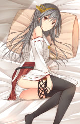 Rule 34 | 10s, 1girl, ass, bad id, bad pixiv id, bare shoulders, brown eyes, detached sleeves, grey hair, hairband, haruna (kancolle), headgear, highres, kanpyo (hghgkenfany), kantai collection, lace, lace-trimmed legwear, lace trim, long hair, looking at viewer, lying, nontraditional miko, on side, panties, pillow, pleated skirt, red skirt, skirt, solo, thighhighs, thighs, underwear, white panties