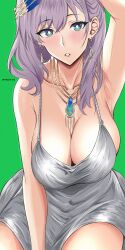Rule 34 | 1girl, absurdres, aqua eyes, armpits, blush, braid, breasts, cleavage, collarbone, dress, earrings, feather hair ornament, feathers, green background, grey hair, hair ornament, highres, hololive, hololive indonesia, jewelry, large breasts, long hair, looking at viewer, mymzi, necklace, pavolia reine, silver dress, st. louis (azur lane), st. louis (luxurious wheels) (azur lane), teeth, virtual youtuber