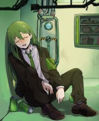 Rule 34 | 1boy, armband, black jacket, black pants, brown footwear, can, closed eyes, collared shirt, commentary request, dress shoes, drooling, eyebrow cut, green armband, green hair, green necktie, indoors, jacket, lobotomy corporation, long hair, long sleeves, male focus, medu (rubish), mouth drool, necktie, netzach (project moon), open collar, open mouth, pants, project moon, shirt, sitting, sleeping, solo, white shirt