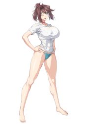 Rule 34 | 1girl, aqua panties, bare legs, barefoot, blue eyes, breasts, brown hair, choker, cleavage, covered navel, hand on own hip, highres, large breasts, looking at viewer, mazaki anzu, medium hair, one eye closed, open mouth, ozaneko, panties, pink choker, ponytail, shirt, short sleeves, simple background, smile, solo, underwear, white background, white shirt, yu-gi-oh!, yu-gi-oh! duel monsters, yu-gi-oh! the dark side of dimensions