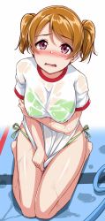 Rule 34 | 10s, 1girl, alternate hairstyle, barefoot, bikini, bikini under clothes, blush, breast hold, breasts, brown hair, commentary request, green bikini, gym shirt, hose, knees together feet apart, koizumi hanayo, large breasts, looking at viewer, love live!, love live! school idol project, nose blush, open mouth, puddle, purple eyes, see-through, shirt, shirt tug, short hair, short sleeves, side-tie bikini bottom, sitting, solo, swimsuit, tears, twintails, twintails day, wet, wet clothes, wet shirt, yopparai oni
