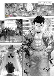 Rule 34 | abs, black hair, bow, bowtie, city, deep breathing, dragon ball, dyspo (dragon ball), formal, glasses, hands in pockets, jiren, looking up, manga page, muscular, muscular male, potential unleashed, rain, serious, son gohan, spot color, suit, tagme, ultimate gohan, walking