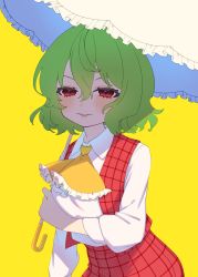 Rule 34 | 1girl, ascot, collared shirt, colored eyelashes, e sdss, field, flower, frills, green hair, hair between eyes, half-closed eyes, highres, holding, holding umbrella, kazami yuuka, long sleeves, parasol, parted lips, plaid, plaid skirt, plaid vest, red eyes, red skirt, red vest, shade, shirt, short hair, skirt, skirt set, solo, sunflower, touhou, umbrella, unmoving pattern, vest, wavy hair, white shirt, white umbrella, yellow ascot, yellow background
