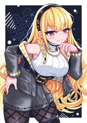 Rule 34 | 1girl, absurdres, bare shoulders, blonde hair, breasts, curly hair, denonbu, hairband, highres, jacket, jewelry, large breasts, long hair, long sleeves, menaguro, nail polish, open clothes, open jacket, red eyes, shirokane aki, skirt, smile, solo, sweater, thick thighs, thighs, white sweater