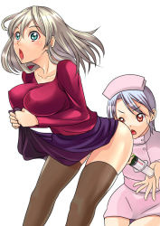 Rule 34 | 2girls, :o, blue eyes, blush, brown eyes, clothes lift, collarbone, enema, green eyes, hat, impossible clothes, leaning forward, long hair, multiple girls, nurse, nurse cap, open mouth, red eyes, short hair, silver hair, simple background, skirt, skirt lift, standing, surprised, sweat, sweatdrop, thighhighs, tonbo, white background