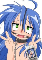 Rule 34 | 00s, 1girl, ahoge, artist request, bdsm, blue hair, bondage, bound, cellphone, chain, collar, flat chest, fucked silly, gag, green eyes, humiliation, izumi konata, jpeg artifacts, long hair, lucky star, mole, nose hook, nude, phone, photo (object), photographic proof, rolling eyes, saliva, slave, smile, solo, tears, third-party edit, tongue, v