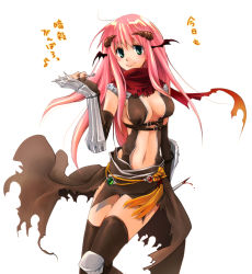 Rule 34 | 1girl, armor, assassin cross (ragnarok online), bat wings, black cape, black gloves, black leotard, black socks, black wings, blood, bloody weapon, blush, breasts, cape, closed mouth, commentary request, dagger, demon horns, dual wielding, elbow gloves, feet out of frame, fingerless gloves, gloves, green eyes, hair between eyes, head wings, holding, holding dagger, holding knife, holding weapon, horns, kainohito, kneehighs, knife, leotard, long hair, looking at viewer, medium breasts, navel, pauldrons, pink hair, ragnarok online, red scarf, scarf, shoulder armor, simple background, smile, socks, solo, torn cape, torn clothes, torn scarf, translation request, vambraces, waist cape, weapon, white background, wings