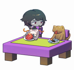 Rule 34 | 1girl, absurdres, animal, asgr, black hair, brain, butter, chair, colored skin, dress, food, fork, grey skin, highres, indie virtual youtuber, knife, medium hair, no nose, open mouth, plate, red eyes, shadow, simple background, solo, table, tongue, tongue out, virtual youtuber, white background, white dress, zombie, zonbko