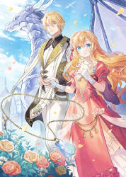 Rule 34 | 1boy, 1girl, beads, blonde hair, blurry, blurry foreground, braid, building, closed mouth, cloud, day, dragon, dress, eastern dragon, falling petals, flower, formal, frills, gloves, gold trim, hair flower, hair ornament, highres, holding hands, jewelry, light particles, lino chang, long dress, long hair, looking at viewer, official art, orange flower, orange rose, original, outdoors, pants, parted lips, pendant, petals, puffy short sleeves, puffy sleeves, red dress, rose, short hair, short sleeves, side braid, sky, sparkle, standing, suit, white gloves, white pants, white suit, wind, yellow flower, yellow rose