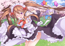 Rule 34 | &gt; &lt;, 10s, 2girls, :&gt;, apron, balloon, black dress, blue dress, blush, boots, bow, breasts, brooch, brown hair, bush, cherry blossoms, chibi, covering privates, covering crotch, day, detached collar, detached sleeves, dress, dutch angle, closed eyes, frilled apron, frills, grass, hair between eyes, highres, jewelry, light purple hair, long hair, long sleeves, maid, maid headdress, medium breasts, moonhackle, mouth hold, multiple girls, myucel foalan, neck ribbon, one eye closed, open mouth, outbreak company, outdoors, outstretched arms, petals, petralka anne eldant iii, pointy ears, purple eyes, red bow, red ribbon, ribbon, sidelocks, spread arms, strapless, strapless dress, tears, thigh boots, thighhighs, tiara, tree, twintails, white footwear, wind