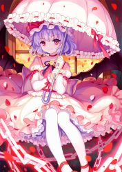 Rule 34 | 1girl, blue hair, chain, choker, closed mouth, cloud, hat, hat ribbon, highres, holding, holding umbrella, indoors, juliet sleeves, long sleeves, looking at viewer, mirror (xilu4), mob cap, pantyhose, parasol, petals, pink skirt, puffy sleeves, red eyes, red footwear, red ribbon, remilia scarlet, ribbon, ribbon trim, rose petals, shoes, sitting, skirt, skirt set, smile, solo, touhou, umbrella, white pantyhose, window, wrist cuffs