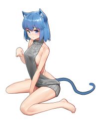 Rule 34 | 1girl, absurdres, animal ears, backless outfit, bare legs, bare shoulders, barefoot, between legs, blue eyes, blue hair, breasts, cat ears, cat girl, cat tail, closed mouth, collarbone, frown, full body, grey sweater, hand between legs, highres, kawery, large breasts, looking at viewer, medium breasts, medium hair, meme attire, no bra, original, paw pose, ribbed sweater, sideboob, sideless outfit, simple background, sitting, slit pupils, solo, sweater, tail, transparent background, virgin killer sweater, wariza