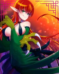 Rule 34 | 1girl, animal hands, bare shoulders, breasts, claws, colour-disaster, duel monster, feathered wings, feathers, green eyes, green feathers, green wings, grin, harpie lady, harpy, highres, large breasts, long hair, looking at viewer, monster girl, orange hair, parted lips, pointy ears, smile, solo, very long hair, winged arms, wings, yu-gi-oh!