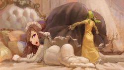 Rule 34 | :t, ass, bed, brown hair, candlestand, commentary request, dress, elbow gloves, face in ass, gloves, green hair, kazo (kazozakazo), long hair, maid, maid headdress, mini person, minigirl, original, purple eyes, size difference, smile, thighhighs, twintails, white gloves, white legwear, yellow dress, yuri