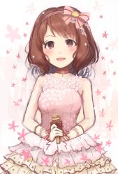 Rule 34 | 10s, 1girl, bare shoulders, bow, brown eyes, brown hair, dress, flower, hairband, idolmaster, idolmaster cinderella girls, lvetica, microphone, nagatomi hasumi, open mouth, short hair, smile, solo
