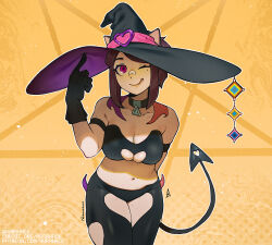 Rule 34 | 1girl, ;q, animal ears, arm behind back, armband, ascari megane (aurahack), aurahack, black bra, black gloves, black hat, bra, breasts, brown hair, cat ears, chaps, cleavage, clothing cutout, commentary, demon tail, ears through headwear, english commentary, final fantasy, final fantasy xiv, freckles, gloves, halloween, halloween costume, hat, hat ornament, large breasts, midriff, miqo&#039;te, mole, mole on breast, mole under eye, multiple moles, navel, one eye closed, paid reward available, pendant choker, purple eyes, short hair, solo, standing, strapless, strapless bra, tail, thick thighs, thighs, tongue, tongue out, underboob, underboob cutout, underwear, warrior of light (ff14), witch, witch hat, yellow background