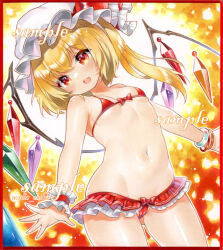 Rule 34 | 1girl, artist name, bikini, bracelet, breasts, cameltoe, cleavage, commentary request, crystal, fang, flandre scarlet, hat, hat ribbon, jewelry, looking at viewer, marker (medium), medium hair, mob cap, navel, nordic niku, one side up, open mouth, red bikini, red eyes, red ribbon, ribbon, sample watermark, single wrist cuff, skin fang, small breasts, solo, swimsuit, touhou, traditional media, watermark, white hat, wings, wrist cuffs