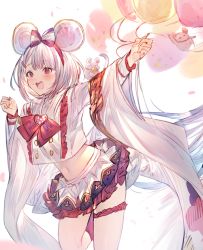Rule 34 | 1girl, :d, absurdres, animal ears, balloon, blush, bow, bowtie, brooch, fake animal ears, frilled shirt, frilled skirt, frills, granblue fantasy, hair between eyes, hair bow, hair ornament, hairclip, heart, heart brooch, highres, holding, holding balloon, jewelry, long sleeves, looking ahead, mayutsuba mono, midriff, miniskirt, mouse (animal), mouse ears, navel, open mouth, pleated skirt, red bow, red bowtie, red eyes, shirt, short hair, skirt, smile, solo, standing, standing on one leg, striped, striped bow, thigh strap, vikala (granblue fantasy), white background, white hair, white shirt, white skirt