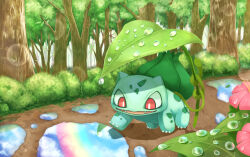 Rule 34 | absurdres, animal focus, bright pupils, bulbasaur, claws, creatures (company), fangs, flower, forest, game freak, gen 1 pokemon, highres, leaf, leaf umbrella, nature, nintendo, no humans, nostrils, open mouth, outdoors, path, pink flower, plant, pokemon, pokemon (creature), puddle, rainbow, red eyes, road, solo, stepping, teikuu hikou, tree, vines, water drop, white pupils